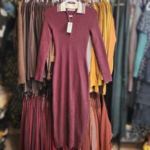 Abercrombie & Fitch Burgundy Knit Polo Midi Dress with Cream Collar